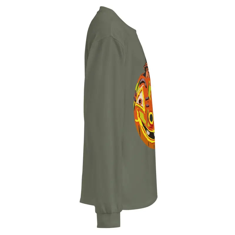 Olive green premium long sleeve shirt featuring a whimsical orange pumpkin design