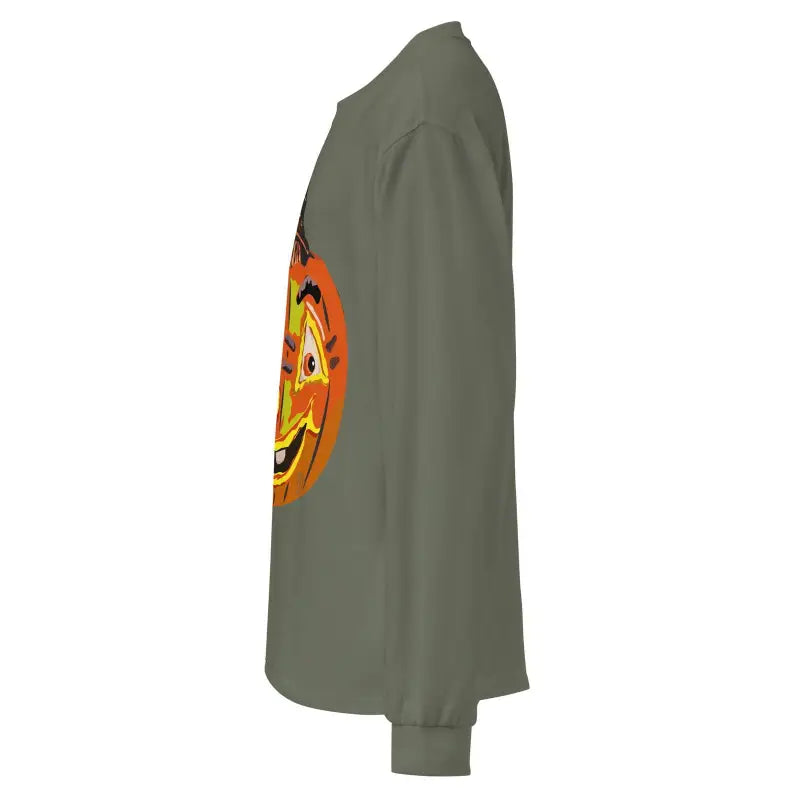 Grey premium long sleeve shirt featuring a smiling jack-o’-lantern design