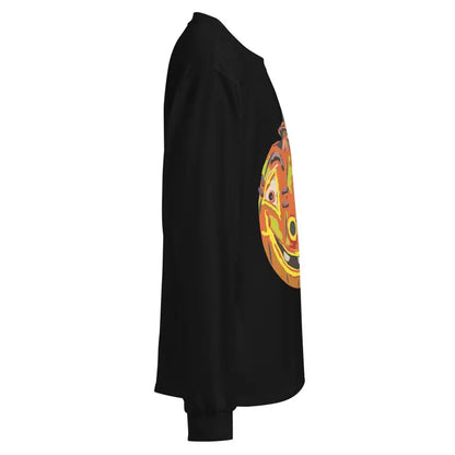 Black premium long sleeve shirt featuring an orange pumpkin design on the sleeve