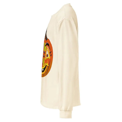 Cream-colored long sleeve shirt featuring a whimsical Halloween pumpkin graphic