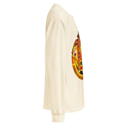 White long sleeve shirt featuring vintage-style Halloween pumpkin graphic on the side