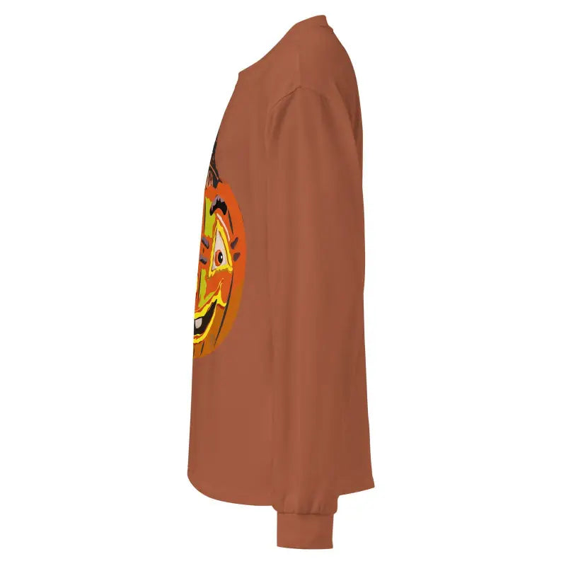 Brown premium long sleeve shirt featuring smiling jack-o’-lantern design on the side