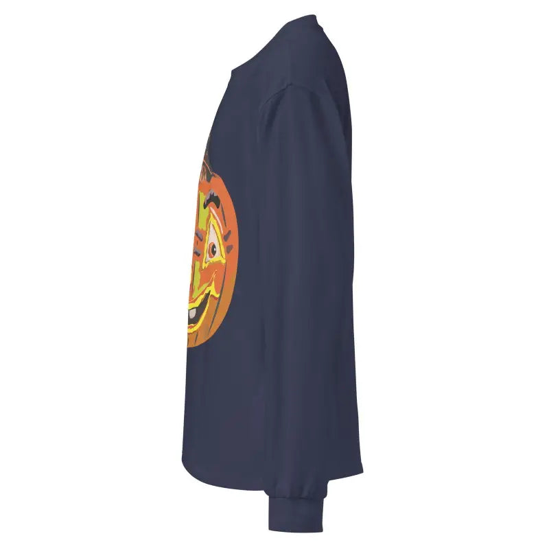 Navy blue premium long sleeve shirt featuring a smiling jack-o’-lantern design