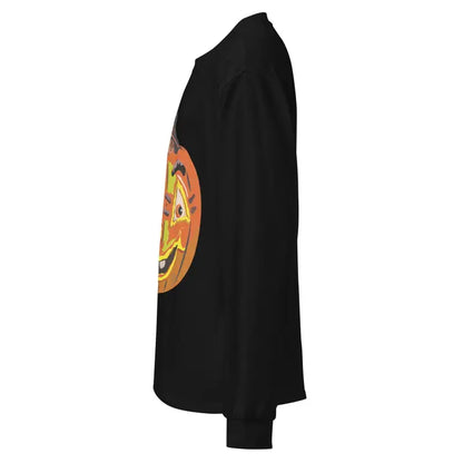 Black premium long sleeve shirt featuring a smiling jack-o’-lantern design