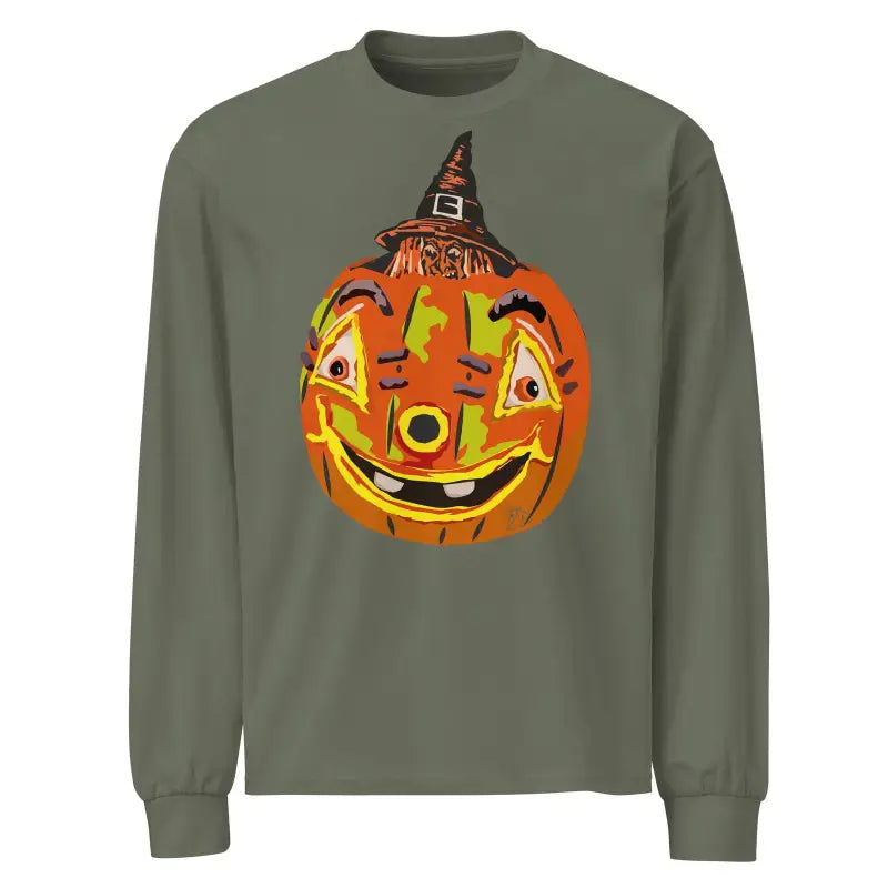 Olive green long sleeve shirt featuring a smiling jack-o’-lantern in a witch hat