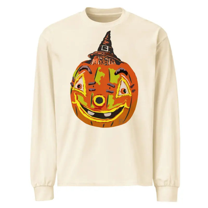 Cream-colored long sleeve shirt featuring a smiling jack-o’-lantern in a witch hat