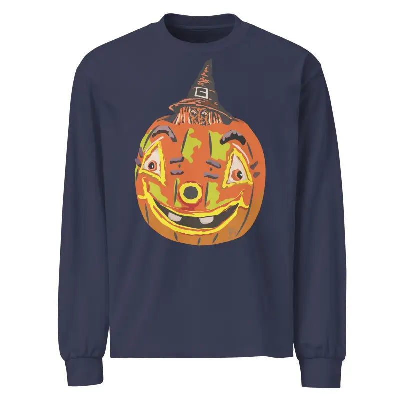 Navy blue premium long sleeve shirt featuring a smiling jack-o’-lantern in a witch hat