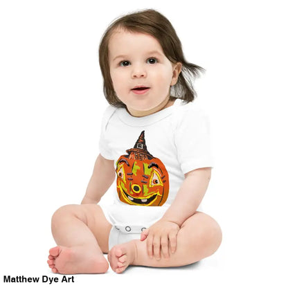 Baby in Pumpkin Witch Halloween-themed onesie featuring vintage-inspired design