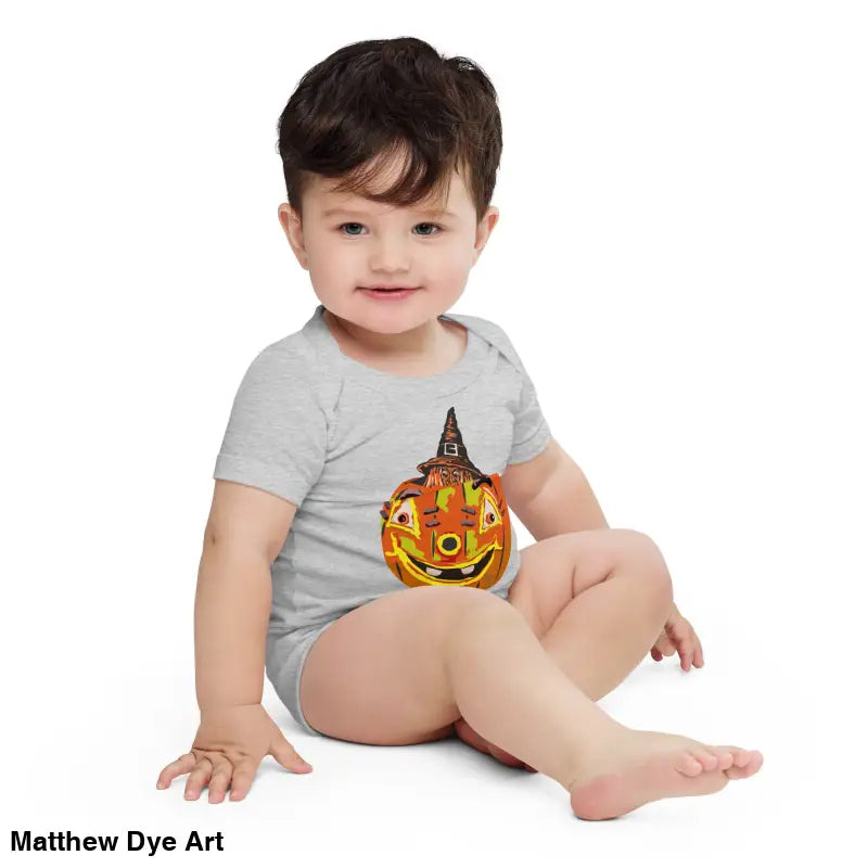 Baby wearing a comfortable Pumpkin Witch baby onesie with vintage-inspired Halloween design