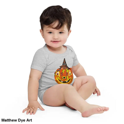 Baby wearing a comfortable Pumpkin Witch baby onesie with vintage-inspired Halloween design