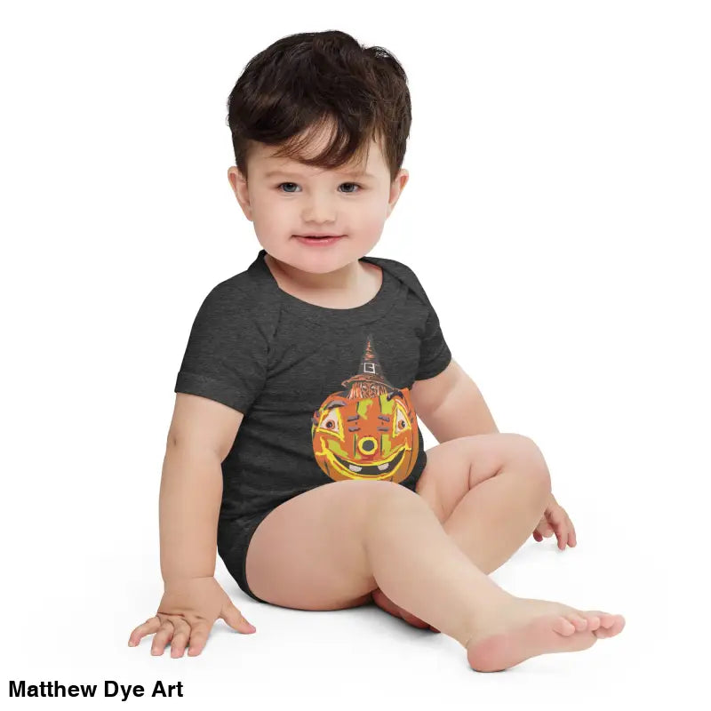 Baby in comfortable Pumpkin Witch baby onesie with vintage-inspired Halloween design