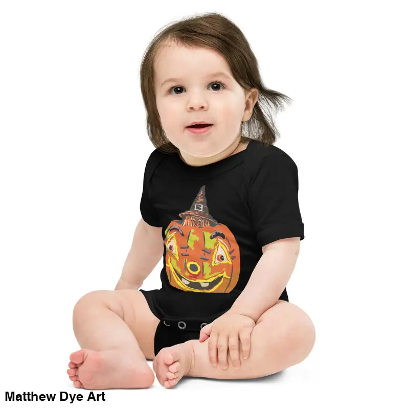 Adorable Baby in Pumpkin Witch Halloween-themed Onesie with Vintage-inspired Design