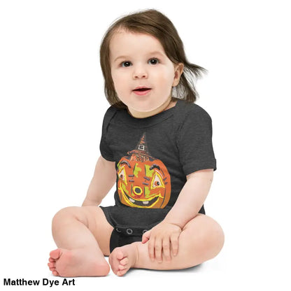 Baby in Pumpkin Witch Halloween-themed bodysuit featuring a vintage-inspired design