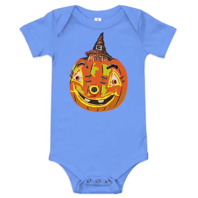Blue baby onesie featuring pumpkin witch graphic in vintage-inspired Halloween design
