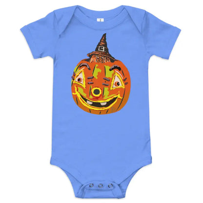 Blue baby onesie featuring pumpkin witch graphic in vintage-inspired Halloween design