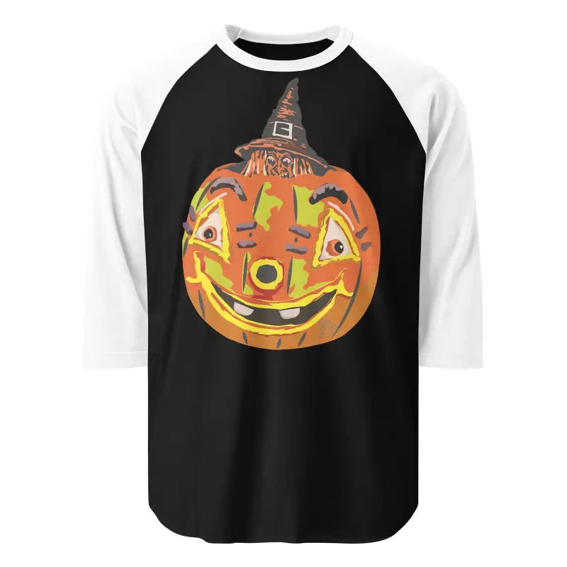 Stylish raglan shirt featuring a smiling jack-o’-lantern with a witch hat for Halloween