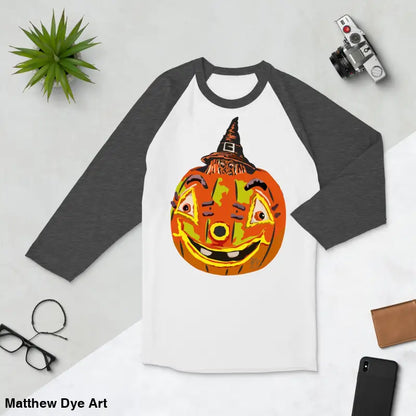 Stylish raglan shirt featuring charming retro Halloween design with a pumpkin witch theme