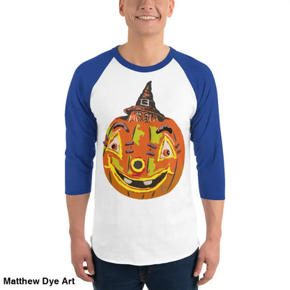 Stylish raglan shirt featuring charming retro Halloween design with pumpkin witch theme