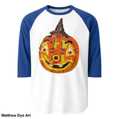 Blue-sleeved stylish raglan shirt featuring charming retro Halloween design