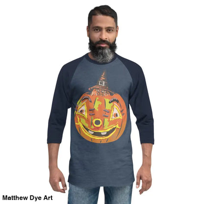 Man showcasing a stylish raglan shirt with charming retro Halloween flair