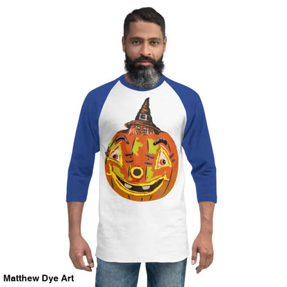 Man showcasing a stylish raglan shirt with charming retro Halloween flair