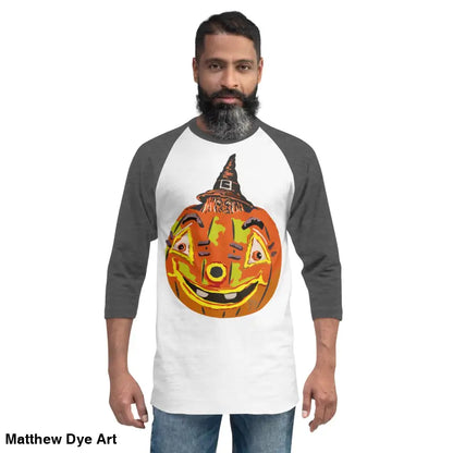 Man showcasing a stylish raglan shirt with charming retro Halloween flair