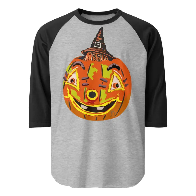 Smiling jack-o’-lantern with a witch hat on stylish raglan shirt for charming retro Halloween