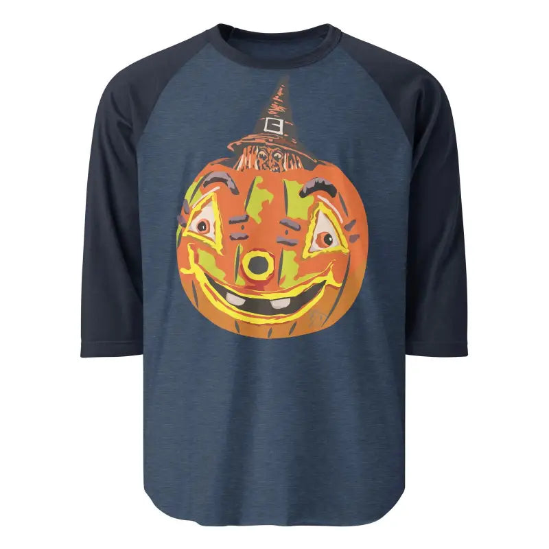 Smiling jack-o’-lantern in witch hat on stylish raglan shirt with retro Halloween flair