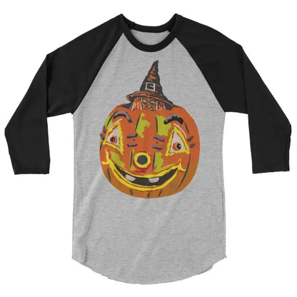 Stylish raglan shirt featuring charming retro Halloween design with a pumpkin witch theme