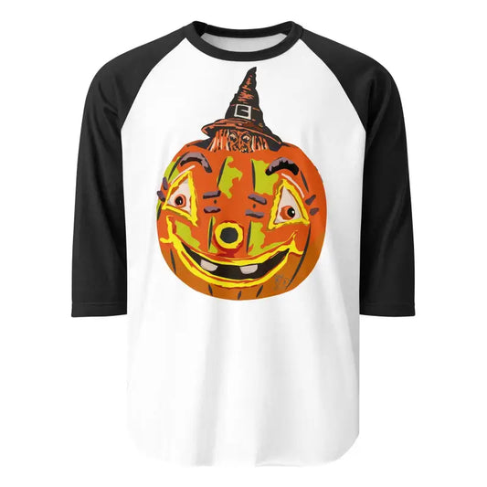 Smiling jack-o’-lantern in a witch hat on a stylish raglan shirt for retro Halloween flair