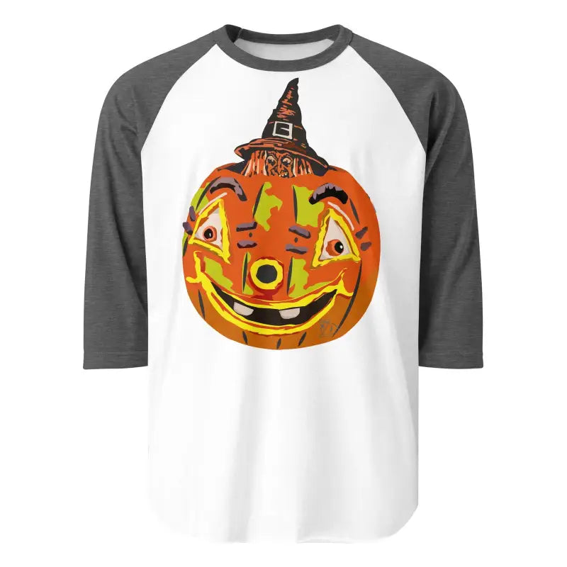 Smiling jack-o’-lantern in a witch hat on a stylish raglan shirt with retro Halloween flair