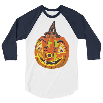 Stylish raglan shirt featuring charming retro Halloween flair and a pumpkin witch design