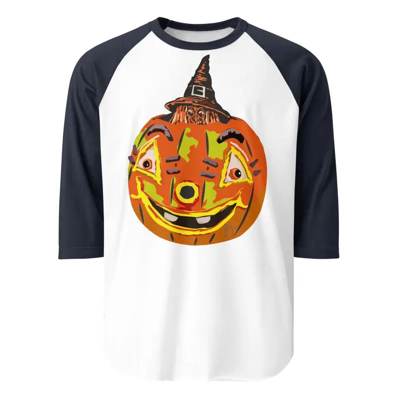 Charming retro Halloween design on a stylish raglan shirt featuring a smiling jack-o’-lantern