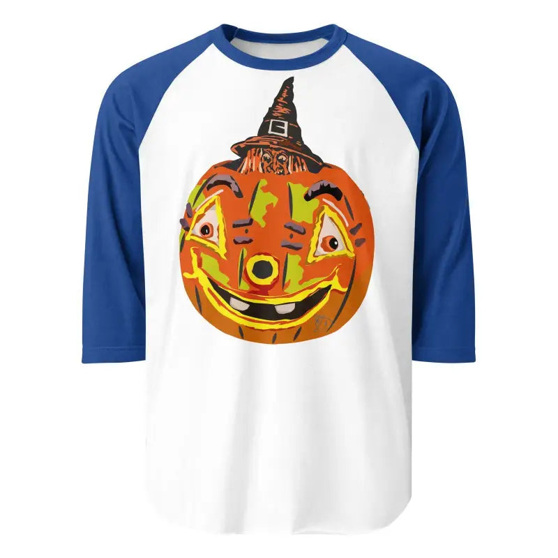 Smiling jack-o-lantern in a witch hat on a stylish raglan shirt for charming retro Halloween