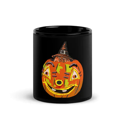 Black glossy mug featuring smiling vintage Halloween jack-o’-lantern design for pumpkin witch lovers