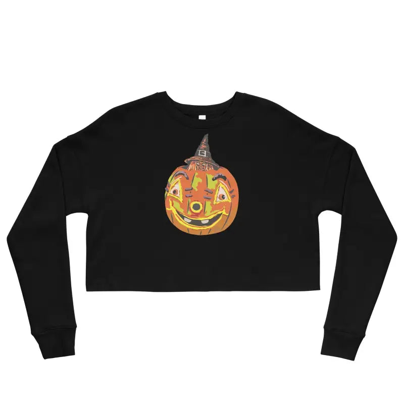 Black crop sweatshirt featuring a smiling jack-o’-lantern design for seasonal charm