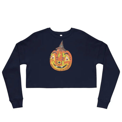 Navy blue Pumpkin Witch Crop Sweatshirt featuring a smiling jack-o’-lantern design