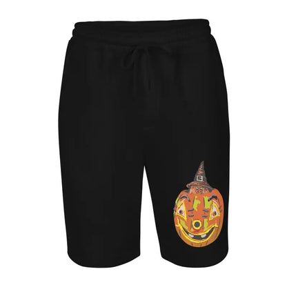 Black shorts featuring Halloween pumpkin design from Pumpkin Witch Men’s Fleece collection