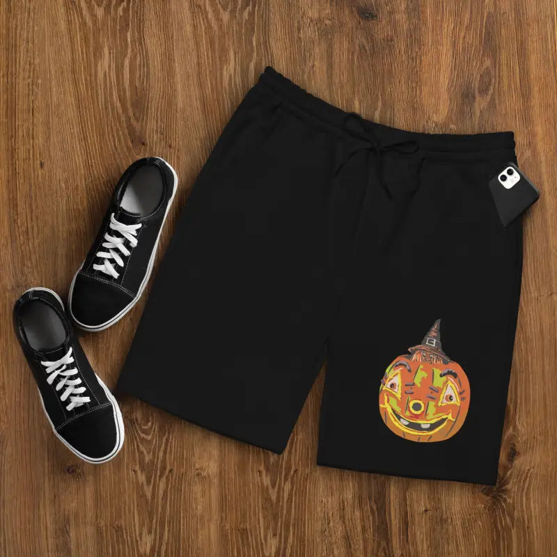 Black Pumpkin Witch Fleece Shorts featuring Matthew Dye art for witch men’s comfort