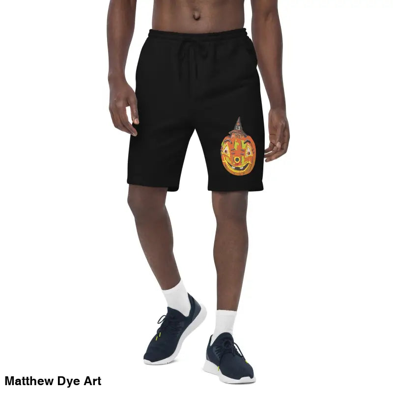 Black shorts featuring Pumpkin Witch design from Matthew Dye Art for witch men’s fleece