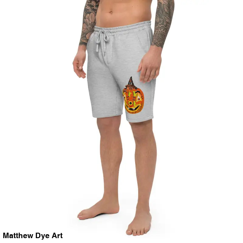 Gray Pumpkin Witch fleece shorts featuring Matthew Dye art for Halloween comfort