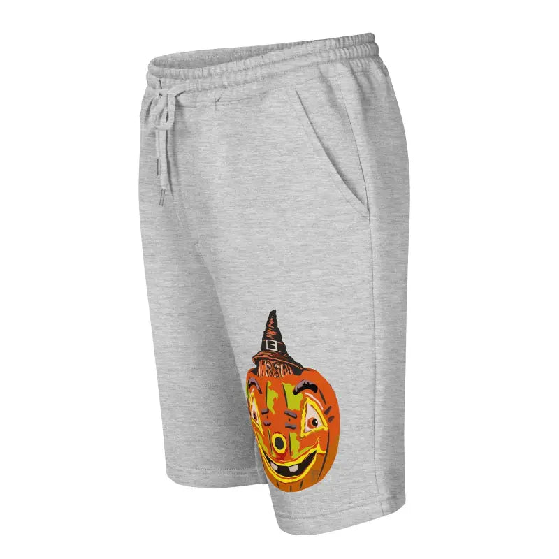 Gray athletic shorts featuring a smiling jack-o’-lantern from Matthew Dye Art