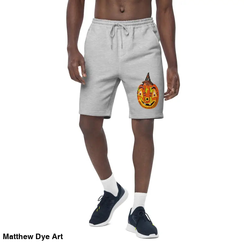 Gray sweat shorts featuring Pumpkin Witch design by Matthew Dye Art for men’s fleece collection