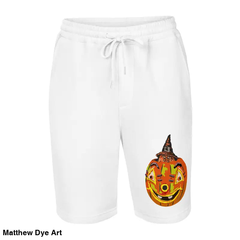 White Halloween-themed shorts featuring Pumpkin Witch design by Matthew Dye Art