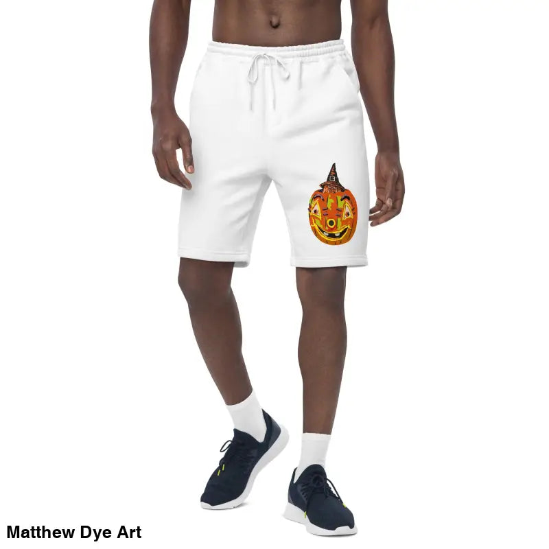 White fleece shorts featuring a Pumpkin Witch design by Matthew Dye Art for men’s comfort