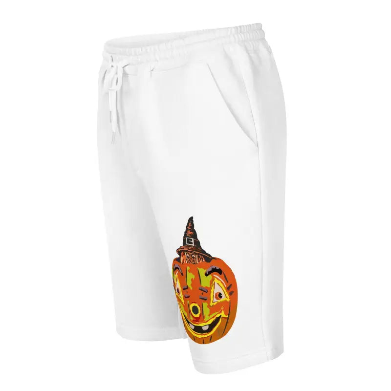 White athletic shorts featuring a Halloween pumpkin design from Matthew Dye Art for witch men’s fleece