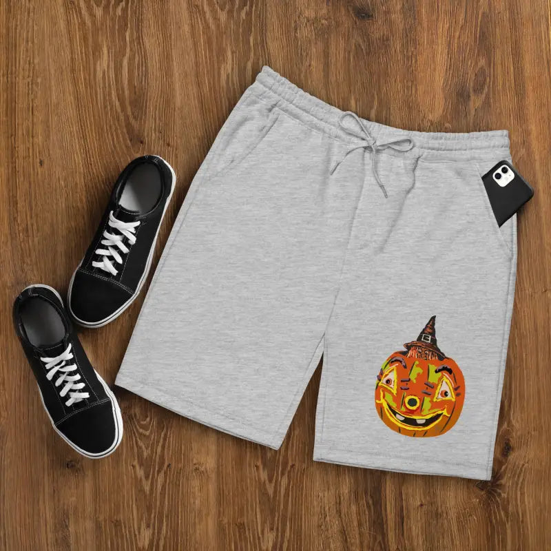 Gray Pumpkin Witch Fleece Shorts featuring Matthew Dye art for stylish Halloween comfort