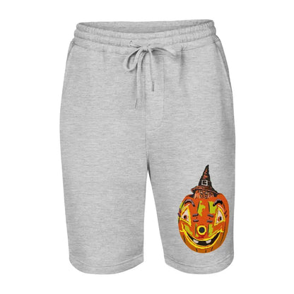 Gray athletic shorts featuring Matthew Dye art of a decorative pumpkin graphic