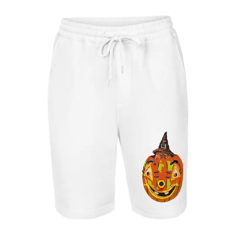 White drawstring shorts featuring Matthew Dye Art’s pumpkin witch design for men