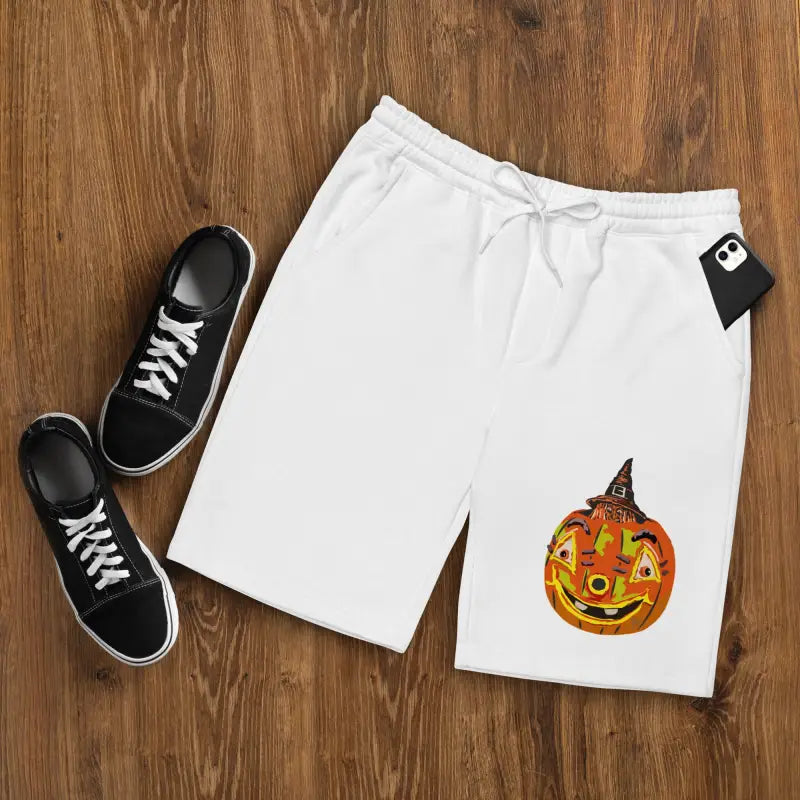 White Halloween-themed Pumpkin Witch Fleece Shorts for witch men’s comfort by Matthew Dye Art